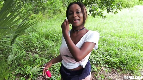 Озабоченный любовник оттрахал сисястую негритянку в побритую письку в кустах